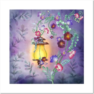 Old streetlight with flowers ornamental decoration. Fairy night garden watercolor illustration. Colorful fantasy scenery Posters and Art